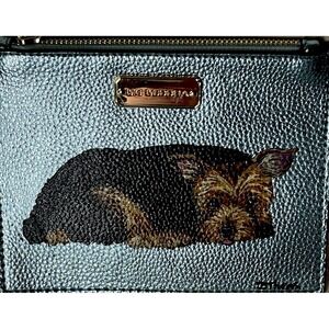 Big Buddha Aqua Metallic Leather Pouch Hand Painted Yorkie Dog Clutch Bag
